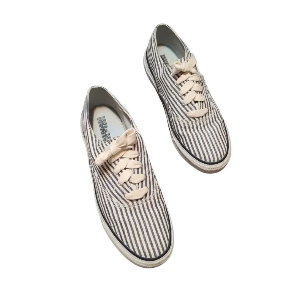 Sperry Pinstriped Topsider Sneaker Blue & White 9.5 - Picture 2 of 9